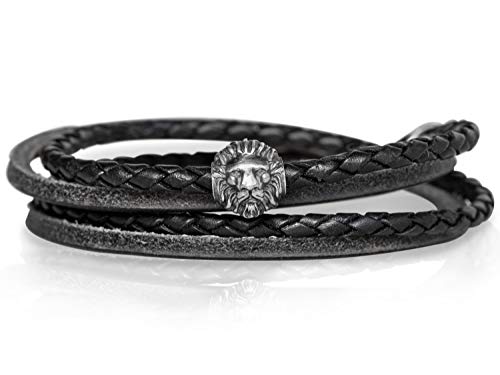 Mamma Bavaria Lederarmband Löwe für Damen & Herren schwarz, Löwenarmband für Frauen & Männer, Armband Leder mit 925er Silber Löwenkopf, Echtleder Löwen Armbänder geflochten 20 cm mit Magnetverschluss von Mamma Bavaria