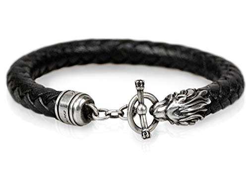 Mamma Bavaria Lederarmband Löwe für Herren schwarz, Löwenarmband für Männer, Armband Leder mit 925 Silber Löwenkopf, Echtleder Löwen Armbänder 21 cm mit Knebelverschluss, Herrenarmband edel geflochten von Mamma Bavaria