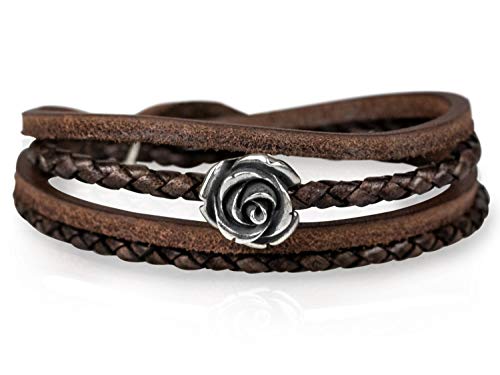 Mamma Bavaria Lederarmband Rose für Damen braun, Rosenarmband für Frauen, Armband Leder mit 925er Silber Rosen, Echtleder Frauenarmband geflochten, Moderne Schmuck Armbänder 16 cm mit Magnetverschluss von Mamma Bavaria