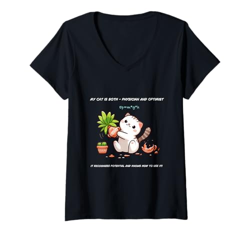 Damen Katze Potential Physik Optimismus lustig Nerd Geschenkidee T-Shirt mit V-Ausschnitt von Mammut Manufaktur