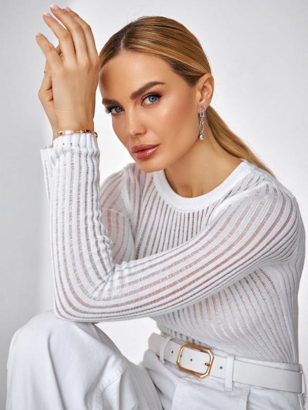 Langarmshirt Mit Rundhalsausschnitt, Taillierter Pullover, Durchsichtiges Seidiges Top, Tailliertes Langarm-T-Shirt von MammyHug