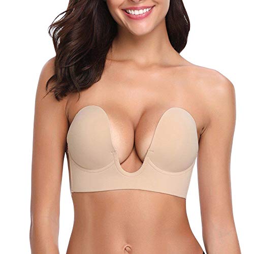 Mampkx Kleber BH Push Up Tiefe U-Form Plunge Sticky BH Silikon Unsichtbarer BH Trägerlose BHS Rückenfrei Brustheben BH, beige von Mampkx