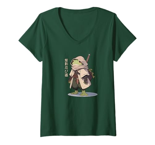 Damen Japanisch inspiriertes Kunstwerk, Froschkrieger, entschlossener Frosch-Ninja T-Shirt mit V-Ausschnitt Damen Japanisch inspiriertes Kunstwerk, Froschkrieger, entschlossener Frosch-Ninja T-Shirt mit V-Ausschnitt von Man I Love Frogs
