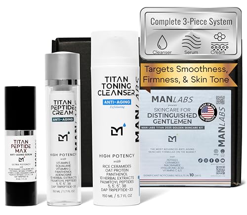 Man Labs Titan Anti-Aging-Gesichtspflegeset für Herren, Goldenes Bundle 2025, inklusive straffendem Reiniger mit Ceramiden, Peptide Max-Serum und Gesichtscreme mit Peptiden und Kräuteressenzen von Man Labs