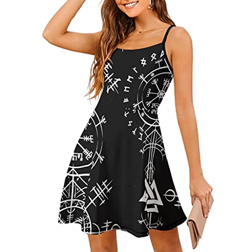 Damen Ärmellos Kleid Wikinger Runen Vegvisir Sommerkleid Strandkleid Verstellbaren Spaghetti Trägerkleid Swing Kleid Freizeitkleid Kurz Mini Kleider White XXL von Man29goA