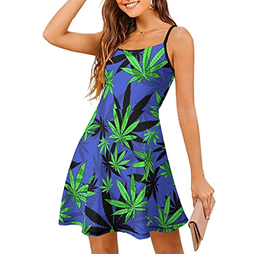 Damen Ärmelloses Kleid Grünes Marihuana Cannabis Blätter Blau Sommerkleid Strandkleid Verstellbaren Spaghetti Trägerkleid Schaukelkleid Freizeitkleid Knielang Trägerkleid White L von Man29goA