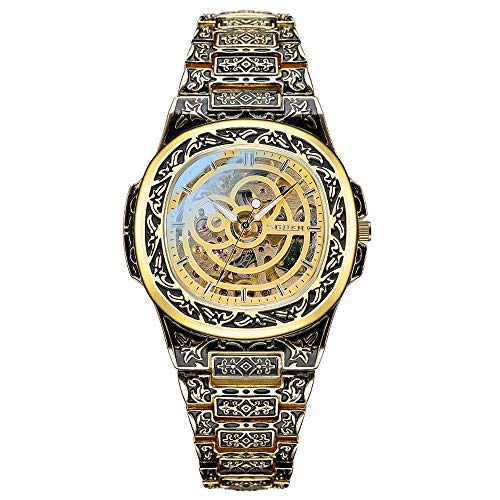 Herrenuhren, Persönlichkeit geschnitztes Armband - wasserdichte Steampunk Automatik Mechanisch Leuchtend Herren Armbanduhr für Herren Business Herren Multifunktional （Gold） von ManChDa