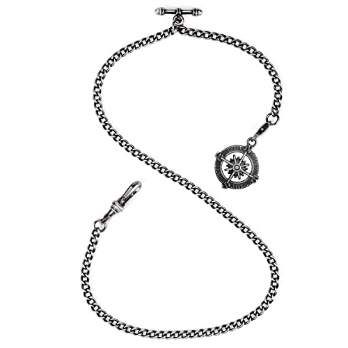 ManChDa Albert Chain Taschenuhr, T-Bar-Kette mit Kompassanhänger, Curb Link Chain 2 Haken Antike Fob T-Bar für Herren (Schwarz) von ManChDa