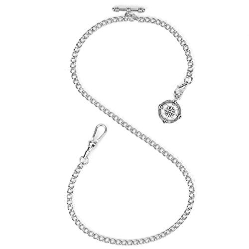 ManChDa Albert Chain Taschenuhr, T-Bar-Kette mit Kompassanhänger, Curb Link Chain 2 Haken Antike Fob T-Bar für Herren (Silber) von ManChDa