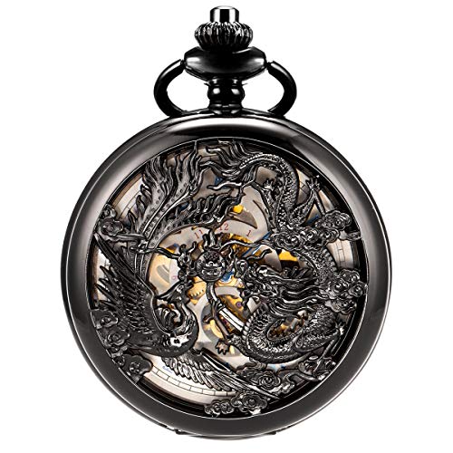 ManChDa Antike mechanische Taschenuhren für Herren Lucky Dragon Phoenix Taschenuhr mit Kette Schwarzes Skelett Zifferblatt römische Zahlen Geschenke zum Vatertag, 5. Schwarz, Blau, S, Mechanisch von ManChDa