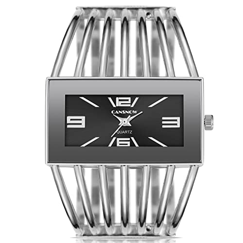 ManChDa Armreif Uhr Armband Stil Armbanduhr Quadratisches Zifferblatt ohne Verschluss Quarzuhr für Frauen Geschenk für Mutter und Frau, 1. Silber von ManChDa