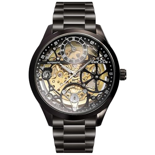ManChDa Automatische Herrenuhr Mechanische Armbanduhr für Männer Skelett Wasserdichte Uhr, 1-a. Schwarzer Stahl von ManChDa