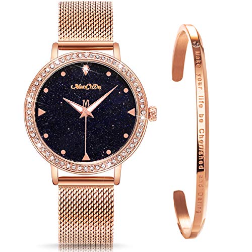ManChDa Damen Armbanduhr Marmor-Zifferblatt Uhr mit Kristall Mesh Edelstahl Gürtel Damen Quarz Diamant Klassische Mode Romantisch + Schmuck Manschette Armband Set von ManChDa