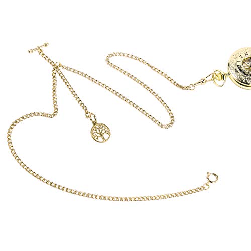 ManChDa Double Albert Chain Taschenuhr, Curb Link Chain 3 Haken Antique Plating Shield Design Fob T Bar für Männer Gold mit Life Tree Anhänger von ManChDa