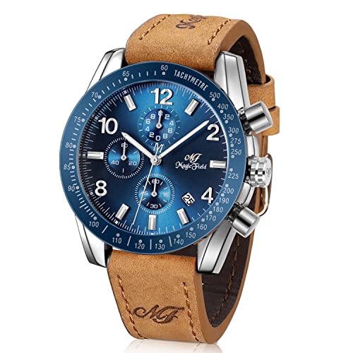 ManChDa Herren Armbanduhren Chronograph mit Schnellverschluss Wasserdicht Analog Quartz Leuchtende Edelstahl Multi Zifferblatt Lederband Armbanduhren für Herren Großes Zifferblatt Casual Blau von ManChDa