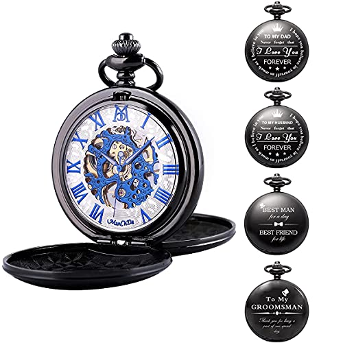 ManChDa Herren Taschenuhr Personalisiert, Gravur Taschenuhr mit Kette Klassische Jahrgang Mechanische Taschenuhr mit Kette Geschenke für Mama, Papa, Ehemann, Sohn, Trauzeugen von ManChDa