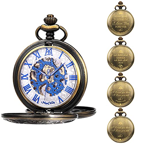 ManChDa Herren Taschenuhr Personalisiert, Gravur Taschenuhr mit Kette Klassische Jahrgang Mechanische Taschenuhr mit Kette Geschenke für Mama, Papa, Ehemann, Sohn, Trauzeugen (Blue with broze) von ManChDa