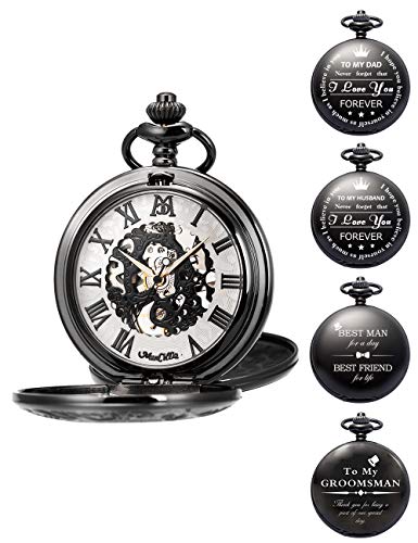 ManChDa Herren Taschenuhr Personalisiert, Gravur Taschenuhr mit Kette Klassische Jahrgang Mechanische Taschenuhr mit Kette Geschenke für Mama, Papa, Ehemann, Sohn, Trauzeugen (Pure Black) von ManChDa