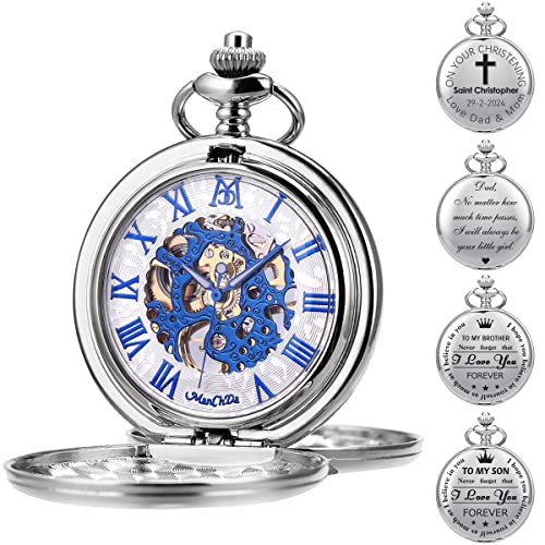 ManChDa Herren Taschenuhr Personalisiert, Gravur Taschenuhr mit Kette Klassische Jahrgang Mechanische Taschenuhr mit Kette Geschenke für Mama, Papa,Sohn, Ehemann, Trauzeugen von ManChDa