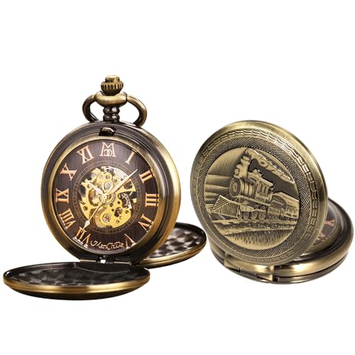 ManChDa Herren Taschenuhr RetroBronze 3D Dampf Zug Eisenbahn Muster Fall Doppel Hunter Römische Zifferblatt Mit Cowboy-Kette & Extra T-BAR Kette + Geschenkbox von ManChDa