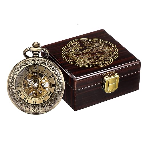 ManChDa Mechanische Taschenuhr für Herren Vintage Taschenuhr mit Kette Skelett Taschenuhren mit Box und Ketten Geschenk für Männer, 2-a. Bronze + Holzgehäuse von ManChDa