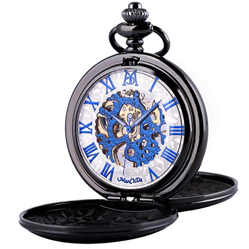 ManChDa Mechanische römische Ziffern Zifferblatt Skelett Taschenuhr mit Box und Ketten für Herren und Damen, 5. Schwarzes Gehäuse + weißes Zifferblatt + Blau, Mechanisch von ManChDa