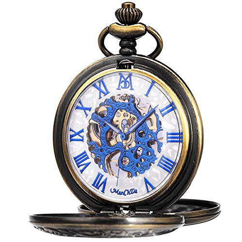 ManChDa Mechanische römische Ziffern Zifferblatt Skelett Taschenuhr mit Box und Ketten für Herren und Damen, 6. Bronzegehäuse + weißes Zifferblatt + blau, Mechanisch von ManChDa