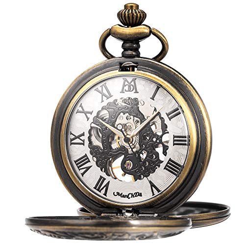 ManChDa Mechanische römische Ziffern Zifferblatt Skelett Taschenuhr mit Box und Ketten für Herren und Damen 3. Bronze von ManChDa