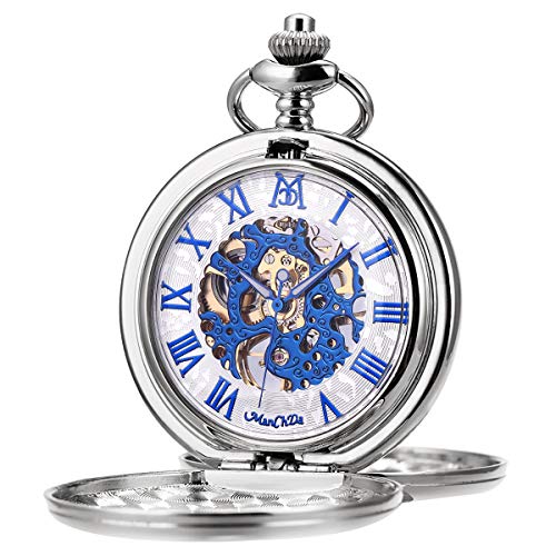 ManChDa Mechanische römische Ziffern Zifferblatt Skelett Taschenuhr mit Box und Ketten für Herren und Damen Small silber, blau von ManChDa