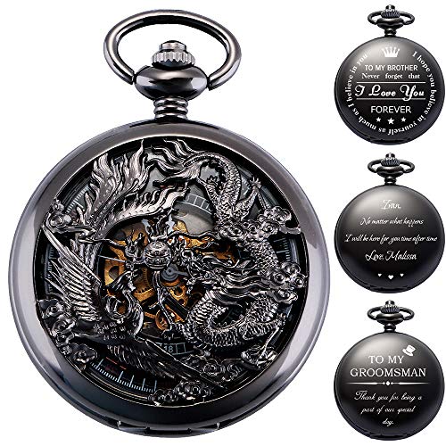 ManChDa Personalisierbare Taschenuhr mit Lasergravur, poliert, mechanisch, Geschenk für Papa, Ehemann, Trauzeuge, Bräutigam, Hochzeit, Geburt, Abschluss, Geschenkbox von ManChDa