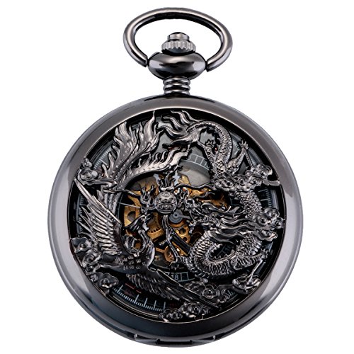 ManChDa Retro Taschenuhr Herren mit Kette analog Handaufzug Drache Phönix Skelett Römische Schwarz von ManChDa