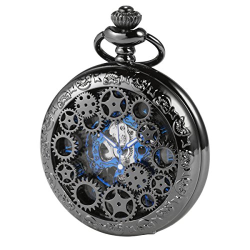 ManChDa Retro Taschenuhr für Herren mit Analogen Automatischen Antiken Skelettziffern Schwarz von ManChDa