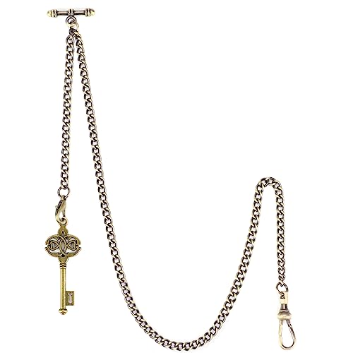 ManChDa Taschenuhr Albert Kette Taschenuhr und Kette, T-Bar Kette mit Schlüsselanhänger, Panzerkette 2 Haken Antik Fob T Bar für Herren Braun von ManChDa