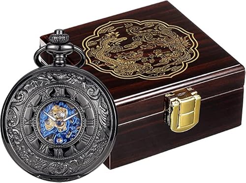 Manchda Männer Taschenuhr in Premium glänzenden hölzernen Geschenk Box klassischer Mechanisch Handaufzugwerk Taschenuhren mit Kette, Steampunk Römische Ziffer glücklichem Drache und Phönix Display Box von ManChDa