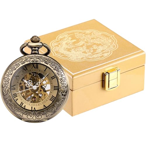 ManChDa Taschenuhr In Luxus Glossy Holz Geschenk Box - Speical Lupe Cover Taschenuhr Kette Skelett Mechanische Antike Hand-Wind Steampunk Römische Ziffern Fob Uhr Für Herren | Gold Box von ManChDa