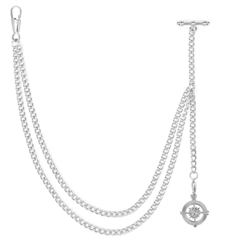 ManChDa Taschenuhr Kette - Kette Taschenuhr für Herren mit Kompass Anhänger - Taschenuhr und Kette, Albert Kette Fob T Bar Curb Link T-Bar Kette 2 Haken Antik für Herren | Silber ManChDa Taschenuhr Kette - Kette Taschenuhr für Herren mit Kompass Anhänger - Taschenuhr und Kette, Albert Kette Fob T Bar Curb Link T-Bar Kette 2 Haken Antik für Herren | Silber von ManChDa