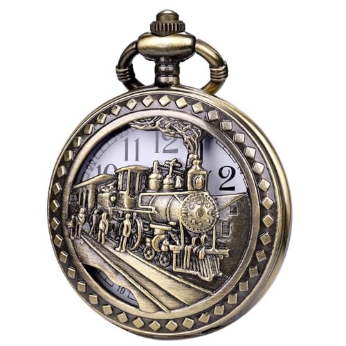 ManChDa Taschenuhr - Pocket Uhren Spezielle 3D Zug Eisenbahn Dampflokomotive Abdeckung Antike Steampunk Taschenuhr und Kette Quarz Vintage Fob Uhr für Herren Geschenk Box | Bronze Weiß ManChDa Taschenuhr - Pocket Uhren Spezielle 3D Zug Eisenbahn Dampflokomotive Abdeckung Antike Steampunk Taschenuhr und Kette Quarz Vintage Fob Uhr für Herren Geschenk Box | Bronze Weiß von ManChDa