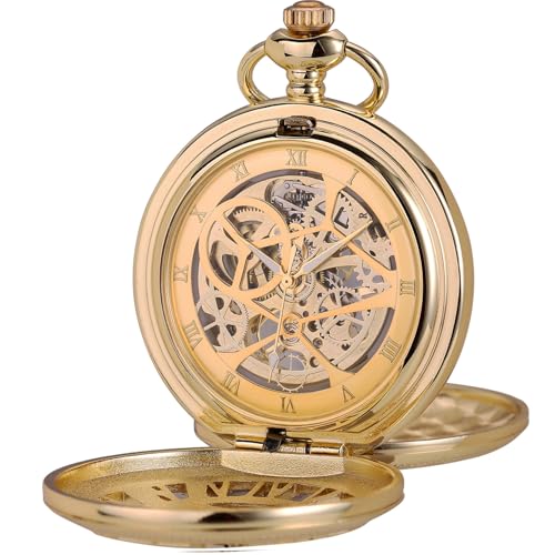 ManChDa Taschenuhr - Taschenuhr mit Kette Mechanisch Doppelte Abdeckung Taschenuhren Steampunk Skelett Antike römische Ziffern Handaufzug Fob Uhr für Herren + Geschenk Box | Gold von ManChDa