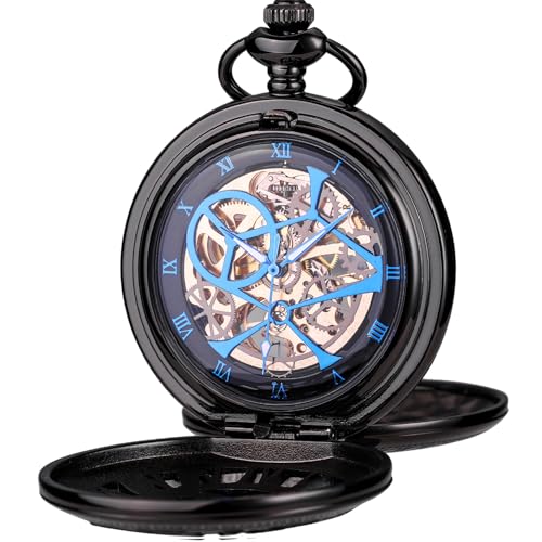 ManChDa Taschenuhr - Taschenuhr mit Kette Mechanisch Doppelte Abdeckung Taschenuhren Steampunk Skelett Antike römische Ziffern Handaufzug Fob Uhr für Herren + Geschenk Box | Schwarz Blau ManChDa Taschenuhr - Taschenuhr mit Kette Mechanisch Doppelte Abdeckung Taschenuhren Steampunk Skelett Antike römische Ziffern Handaufzug Fob Uhr für Herren + Geschenk Box | Schwarz Blau von ManChDa