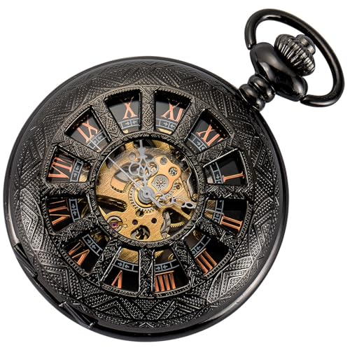 ManChDa Taschenuhr - Taschenuhr mit Kette Mechanisch Skelett Antik Steampunk Vintage 12-Kleines-Fenster Hohl Fall Fob Uhr für Herren | Schwarz Roségold römische Ziffern ManChDa Taschenuhr - Taschenuhr mit Kette Mechanisch Skelett Antik Steampunk Vintage 12-Kleines-Fenster Hohl Fall Fob Uhr für Herren | Schwarz Roségold römische Ziffern von ManChDa