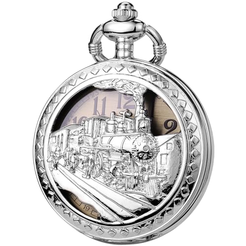 ManChDa Taschenuhr - Taschenuhren Spezielle 3D Zug Eisenbahn Dampflokomotive Abdeckung Antike Steampunk Taschenuhr und Kette Quarz Vintage Fob Uhr für Herren Geschenk Box | Silber Bronze von ManChDa