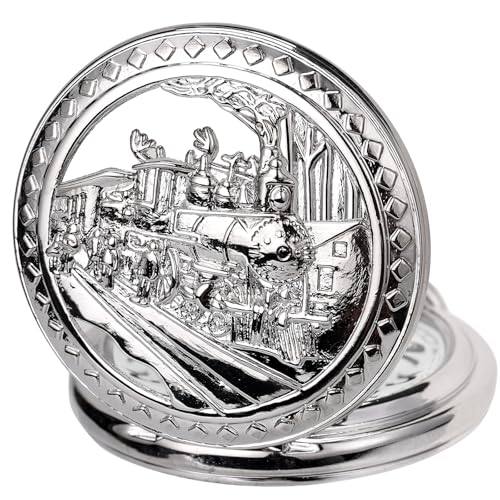 ManChDa Taschenuhr - Taschenuhren Spezielle 3D Zug Eisenbahn Dampflokomotive Abdeckung Antike Steampunk Taschenuhr und Kette Quarz Vintage Fob Uhr für Herren Geschenk Box | Silber Weiß von ManChDa
