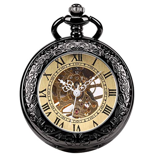 ManChDa Taschenuhr für Herren, Spezielle Lupe, Mechanisch, Handaufzug, Halbjäger, Römische Ziffern, Antike Schwarz Taschenuhr mit Kette von ManChDa