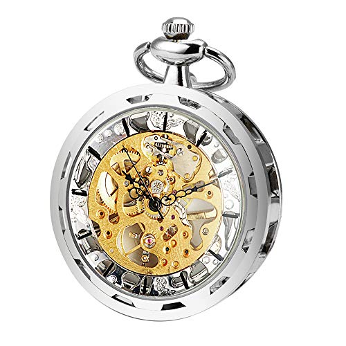 ManChDa Taschenuhr mit Kette Herren Analog Handaufzug Silber Offenes Gesicht Mechanisch Steampunk Skelett mit Kette + Geschenk-Box von ManChDa