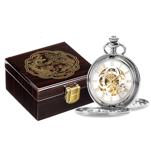ManChDa Taschenuhren in Premium Glossy hölzernen Geschenk Box Skelett Taschenuhr und Kette Doppelte Abdeckung Mechanisch Fob Uhr mit glücklichem Drachen und Phönix Display Box Silber ManChDa Taschenuhren in Premium Glossy hölzernen Geschenk Box Skelett Taschenuhr und Kette Doppelte Abdeckung Mechanisch Fob Uhr mit glücklichem Drachen und Phönix Display Box Silber von ManChDa