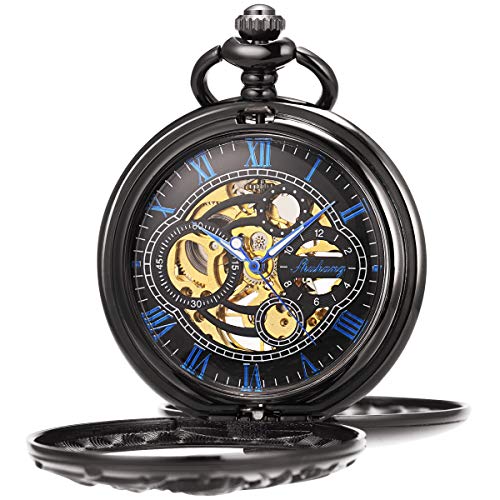 ManChDa Vintage Taschenuhr mit Kette Classic Skeleton Dream Dragon Burlywood Taschenuhr für Herren Damen & Geschenkbox (5.Schwarz mit Blau) von ManChDa