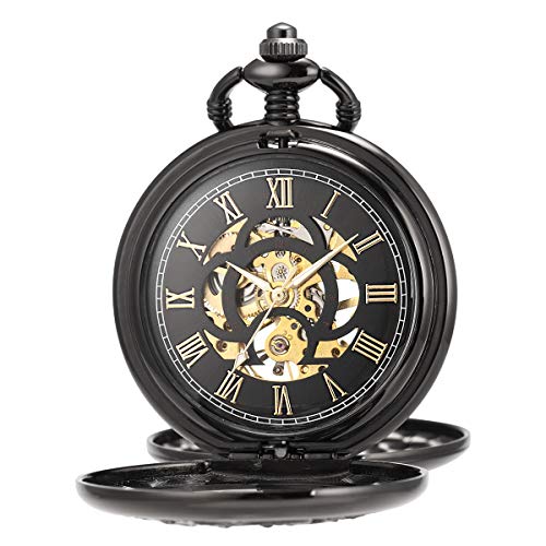 ManChDa antike, mechanische Taschenuhr Lucky Dragon und Phoenix Skelett Zifferblatt mit Kette + Geschenkbox von ManChDa