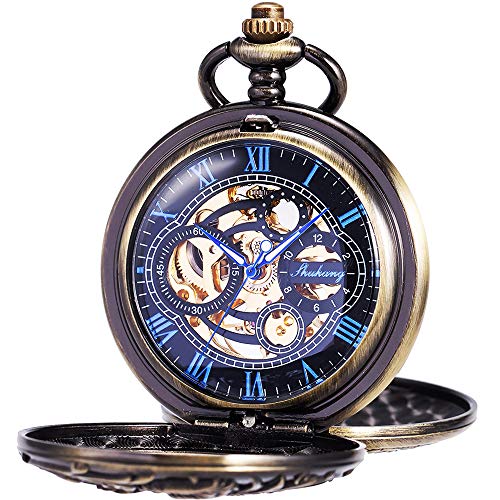 ManChDa Herren Taschenuhr mit Kette Retro Lucky Dragon Analoges Handbuch Skeleton Double Case Bronze von ManChDa