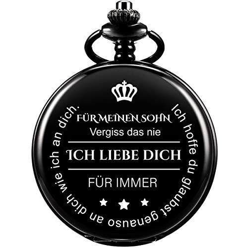 ManChDa Taschenuhr mit Gravur Kette Herren Geschenk von Einem Vater/Einer Mutter zu Einem Sohn Geschenk Quarz Taschenuhr Schwarz von ManChDa