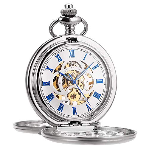 ManChDa Taschenuhr Unisex Taschenuhr mit Kette Analog Handaufzug Doppelscharnier Antik Graviert Römische Silber von ManChDa